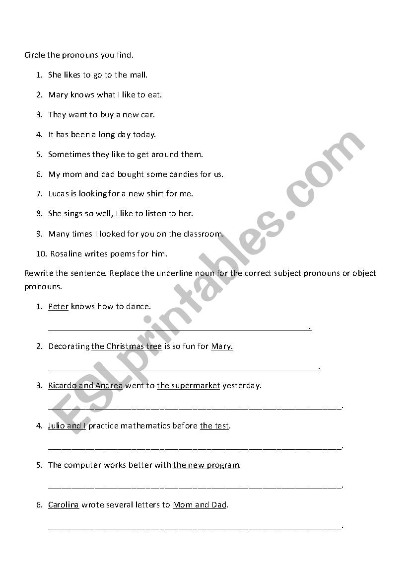 Subject and object pronoun worksheet