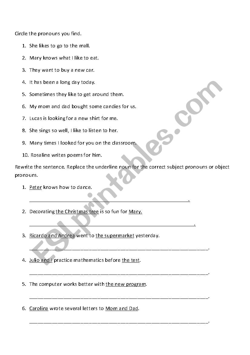 Subject and object pronoun worksheet