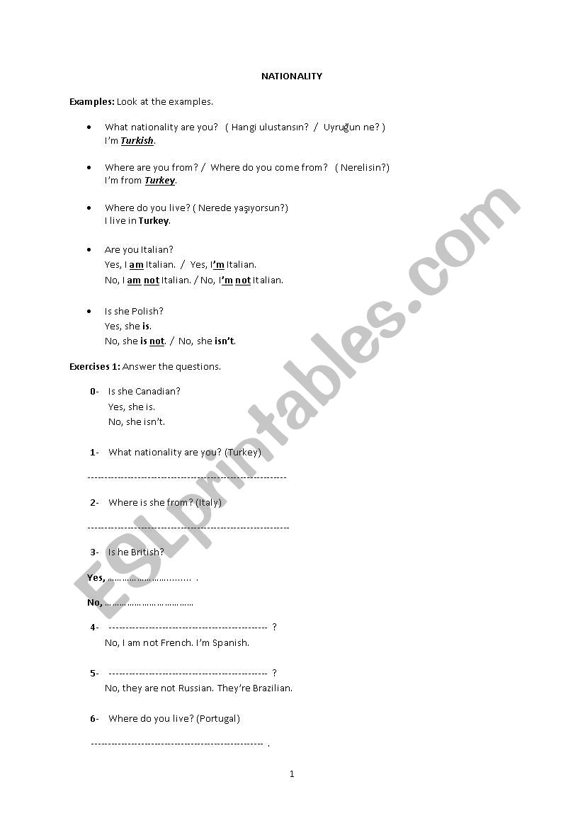 nationality worksheet