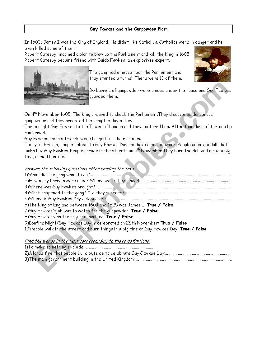 Guy Fawkes history worksheet