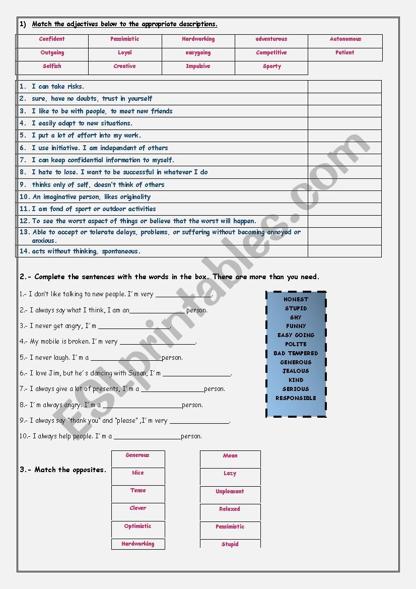Personality adjectives  worksheet