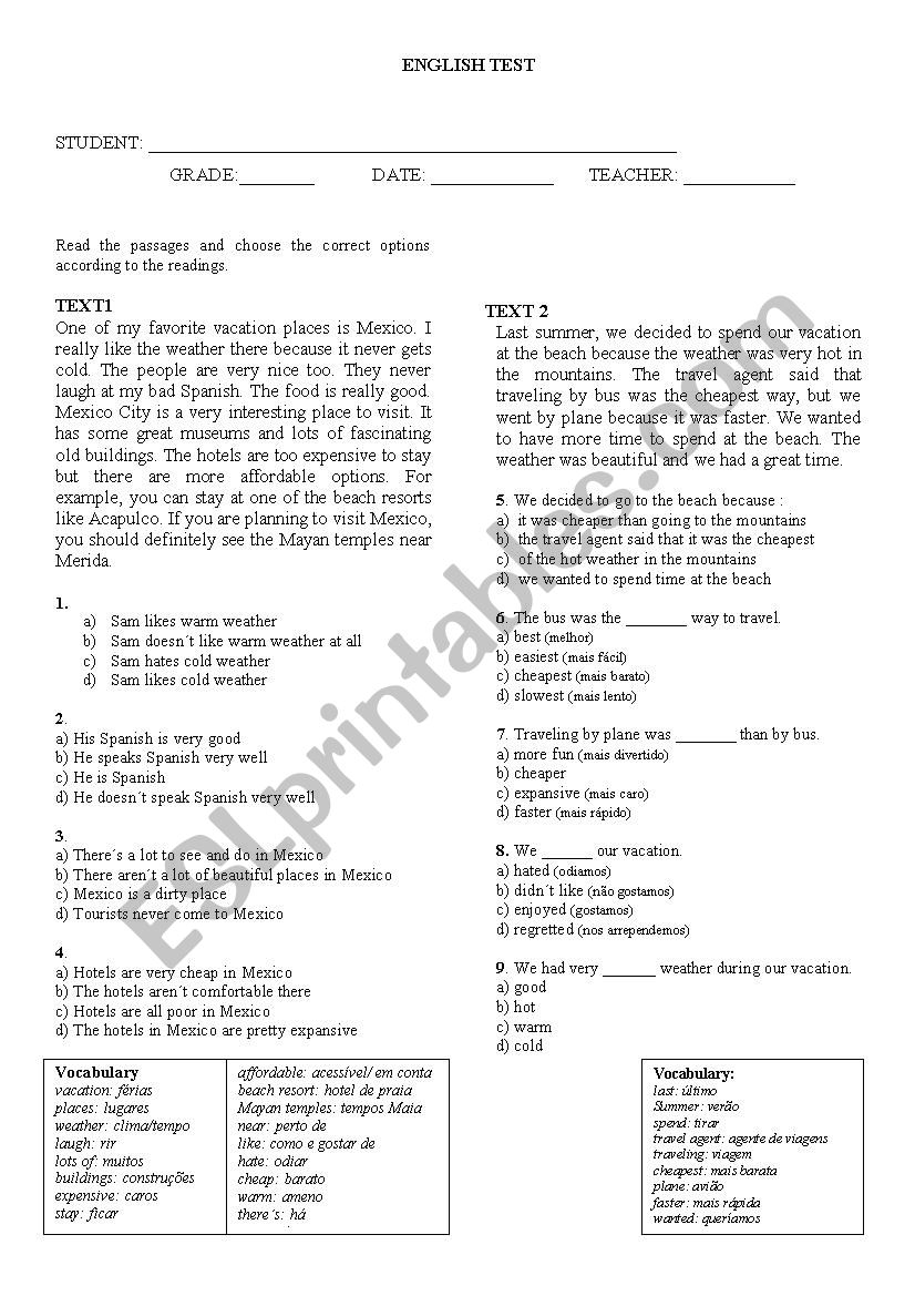 Reading comprehesion texts worksheet