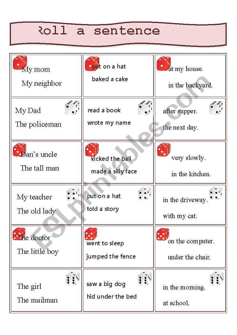 Roll a sentence worksheet