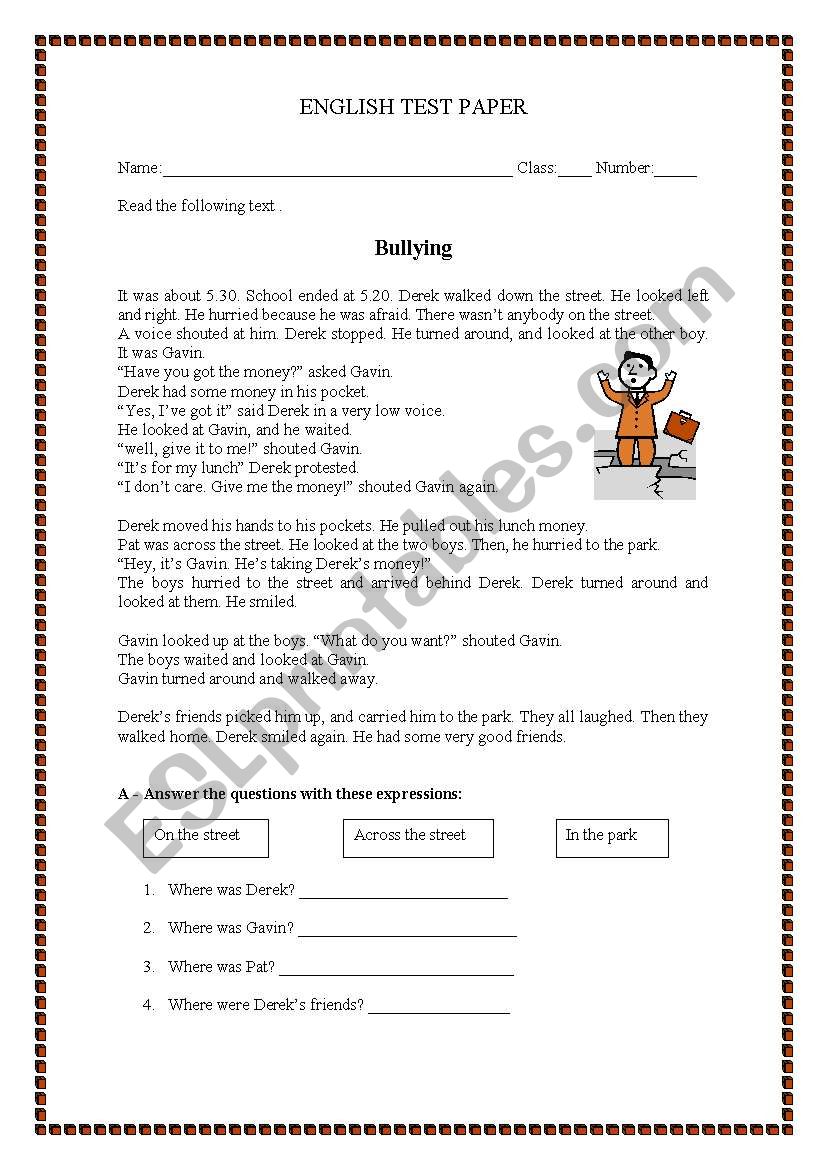 Test paper -  Bullying worksheet