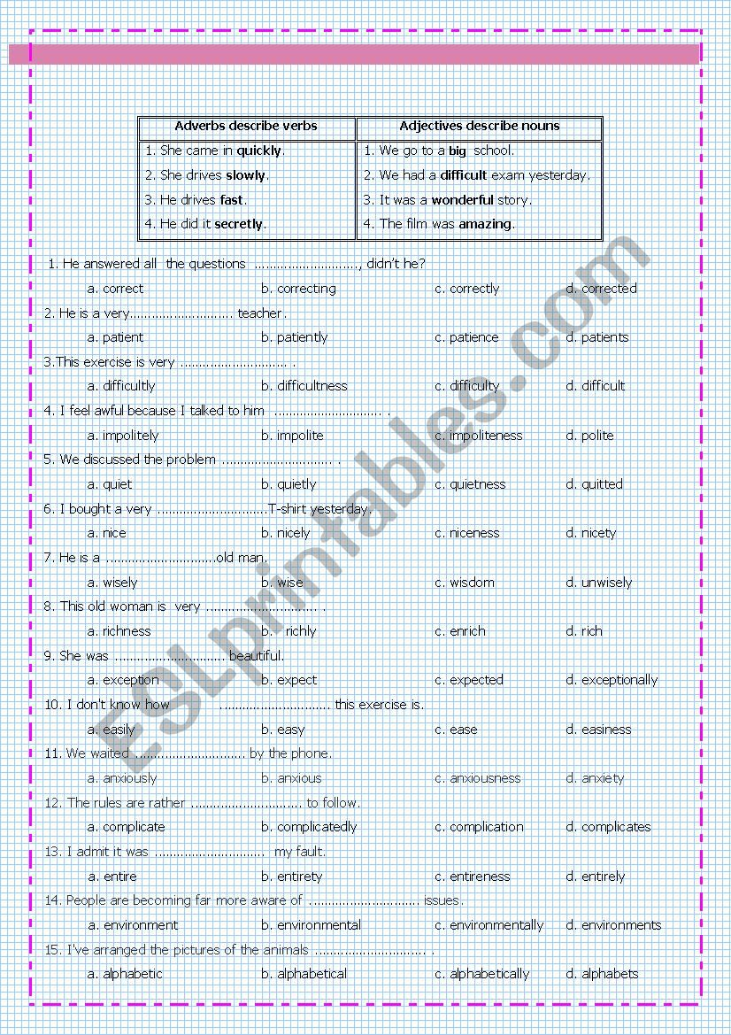 Adjectives and adverbs worksheet