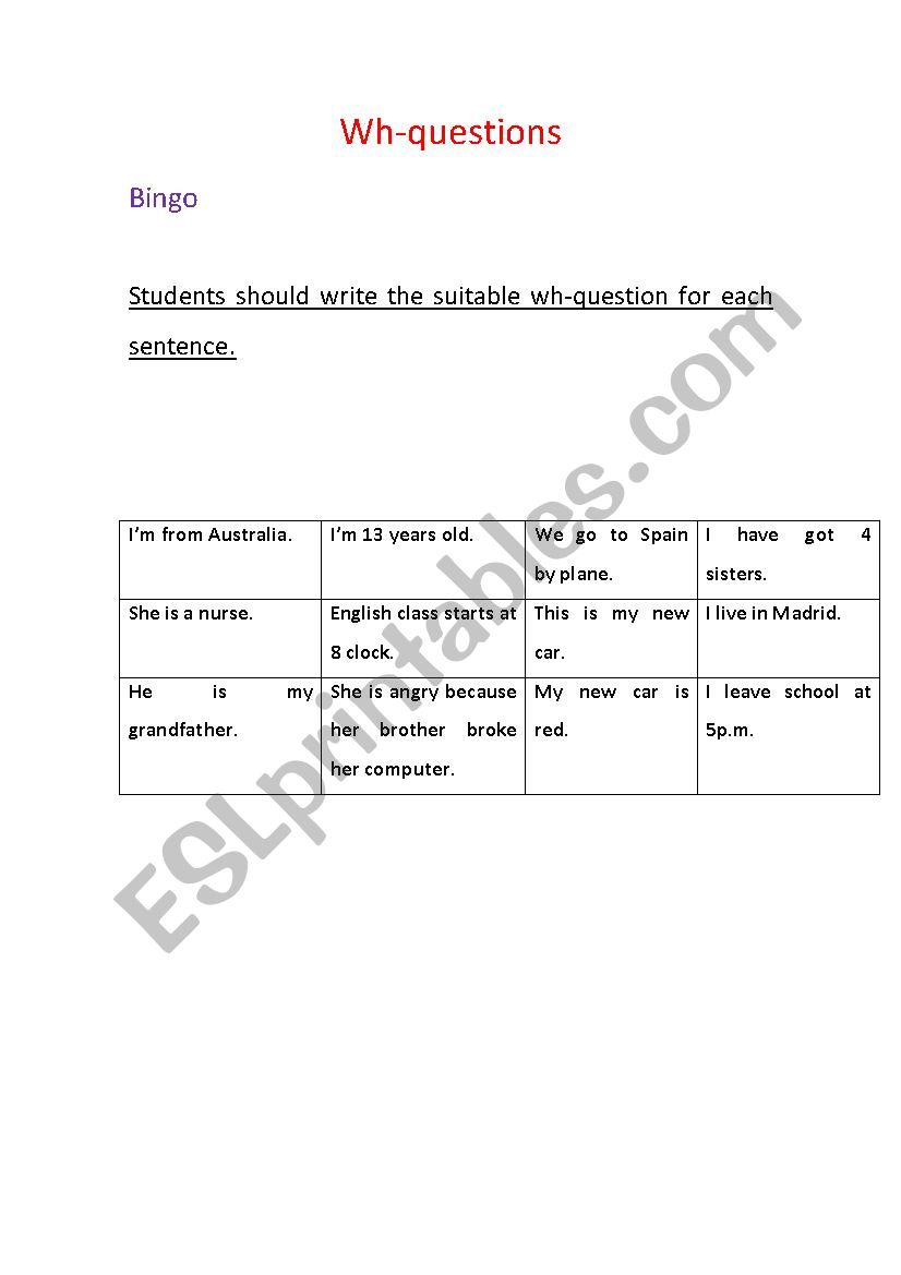 wH QUESTIONS worksheet