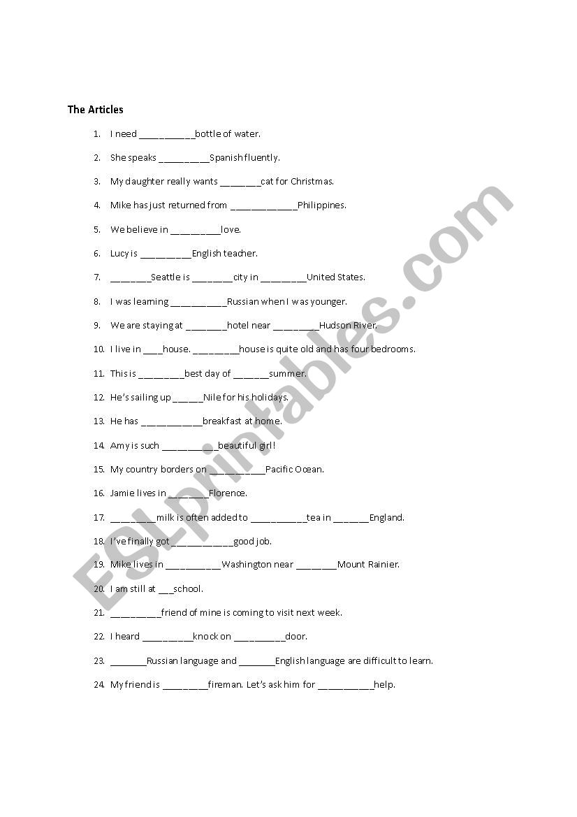 ARTICLES worksheet