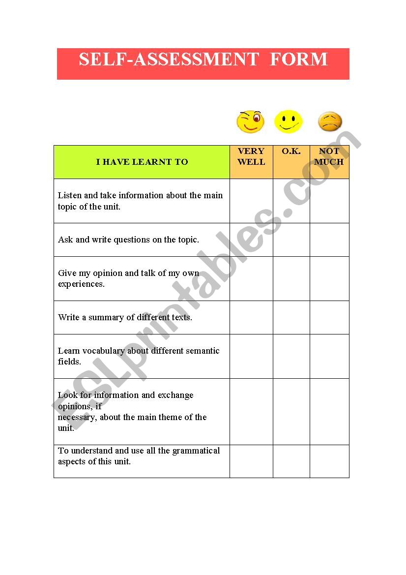 self-assessment worksheet