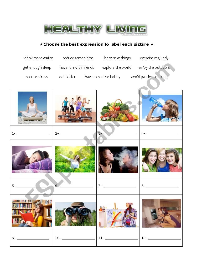 Healthy Living pictionary worksheet