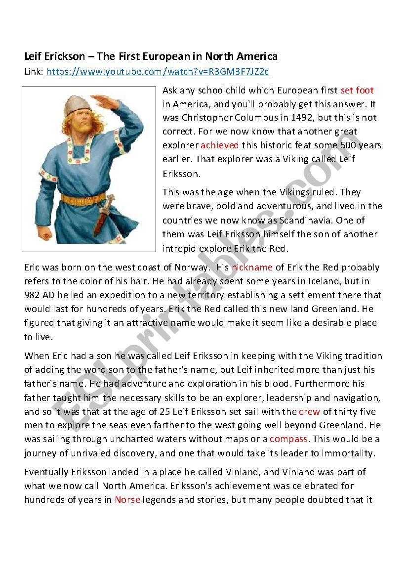 Leif Erickson Biography worksheet