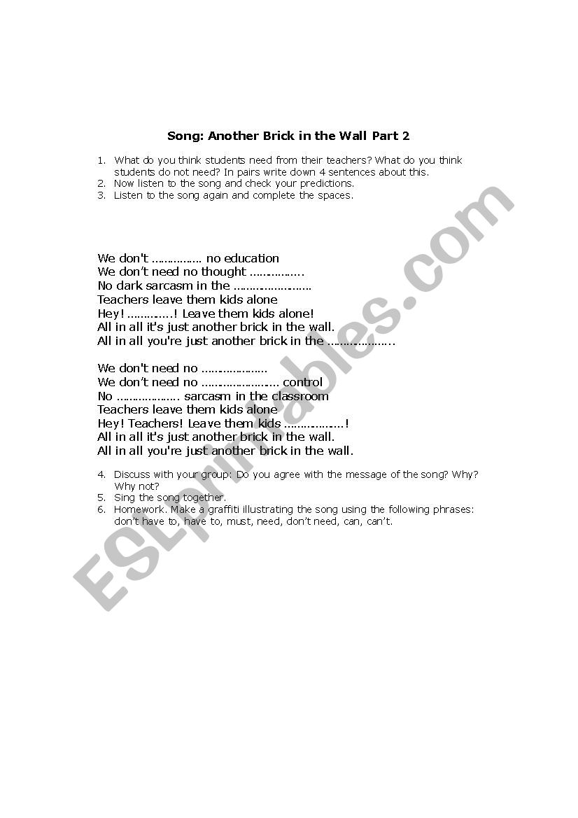 Another Brick in the Wall worksheet