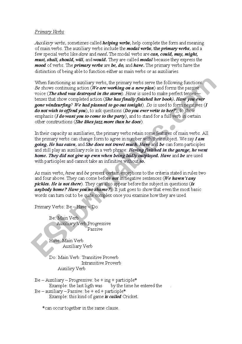 Resume Primary Verbs worksheet