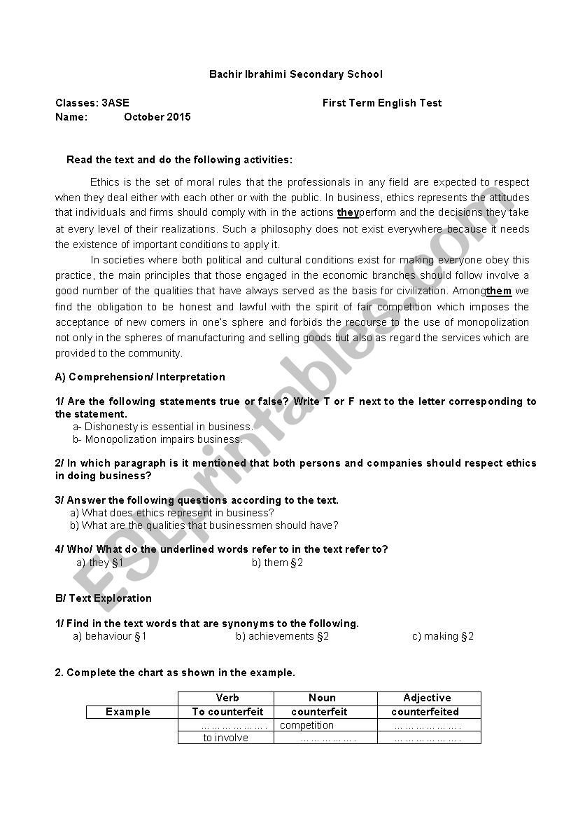 ethics in business worksheet