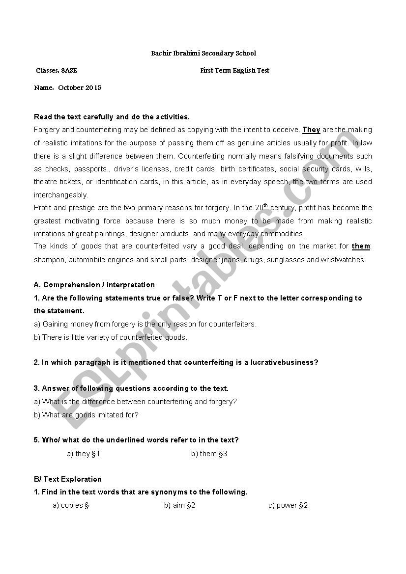 counterfeiting worksheet