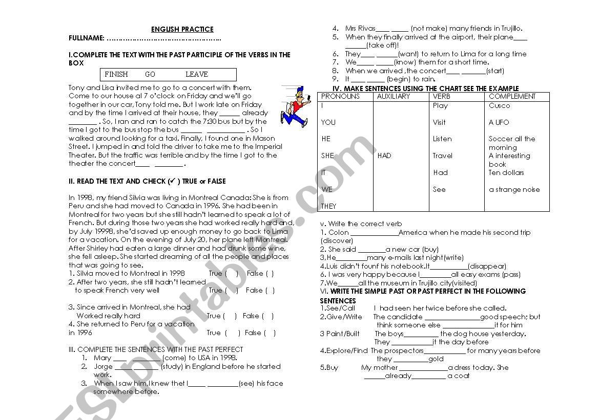 past perfect quiz worksheet