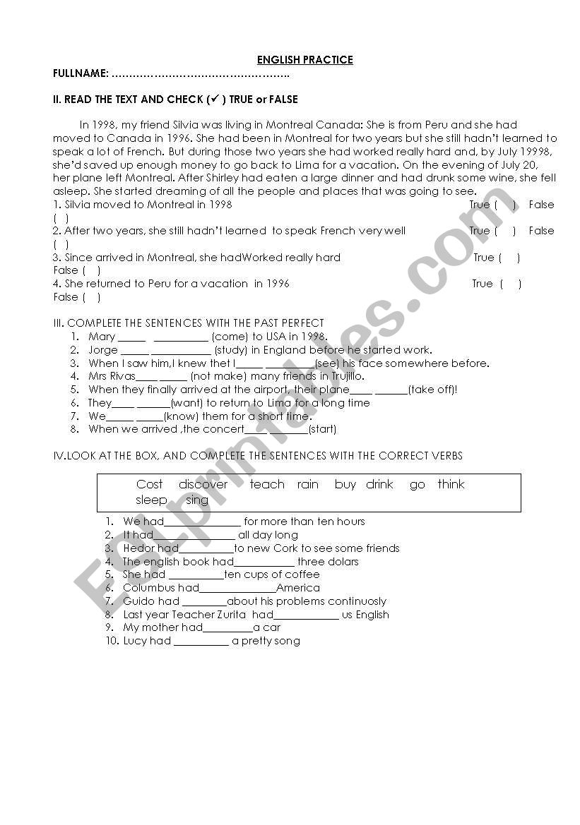 past perfect quiz worksheet