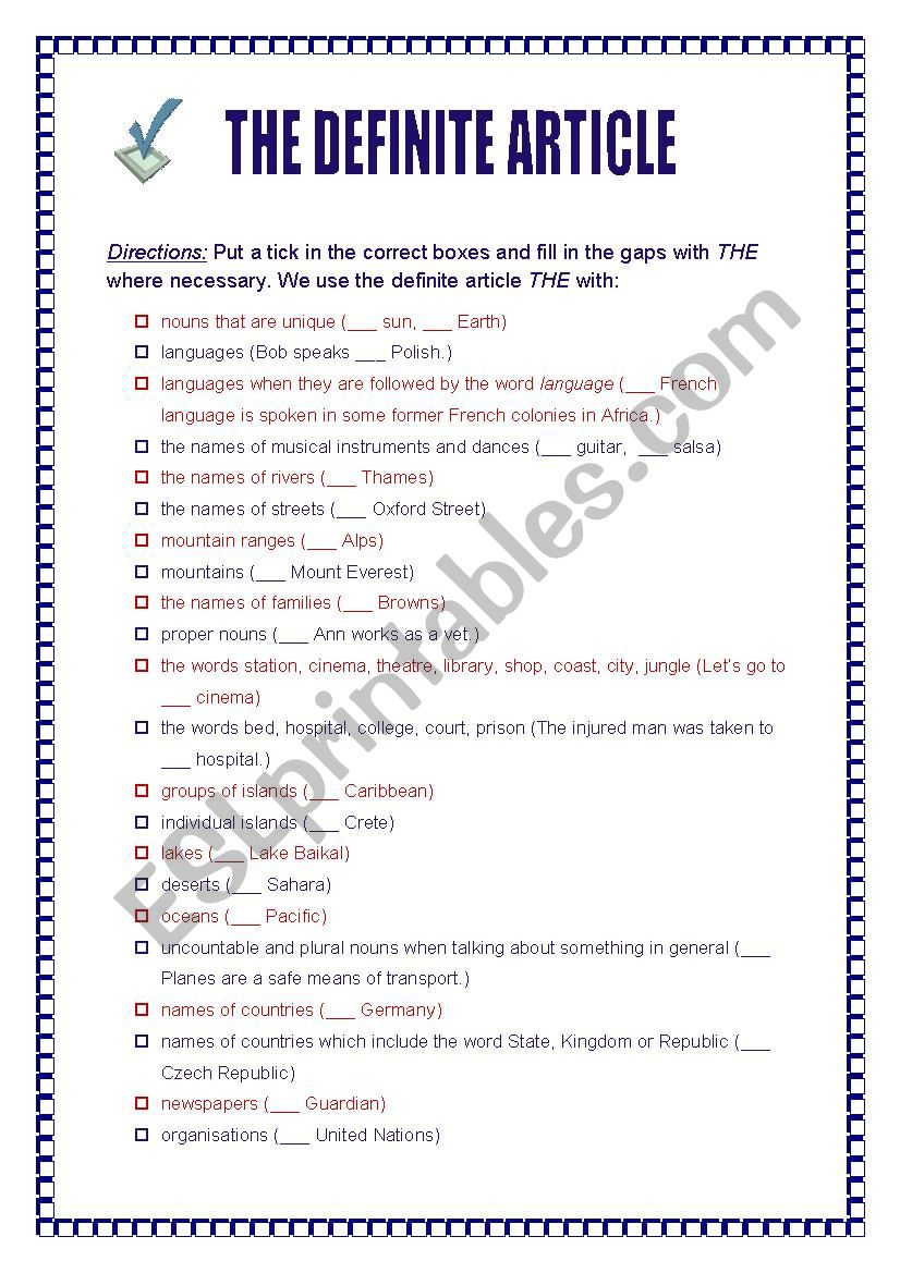 The Definite Article worksheet