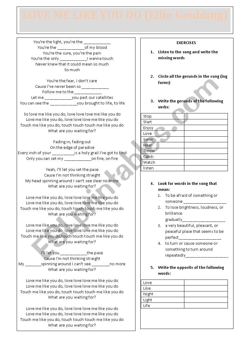 Song: Love like you do worksheet