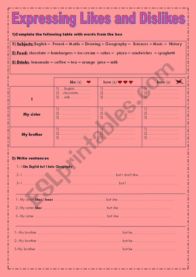 Expressing likes and dislikes worksheet