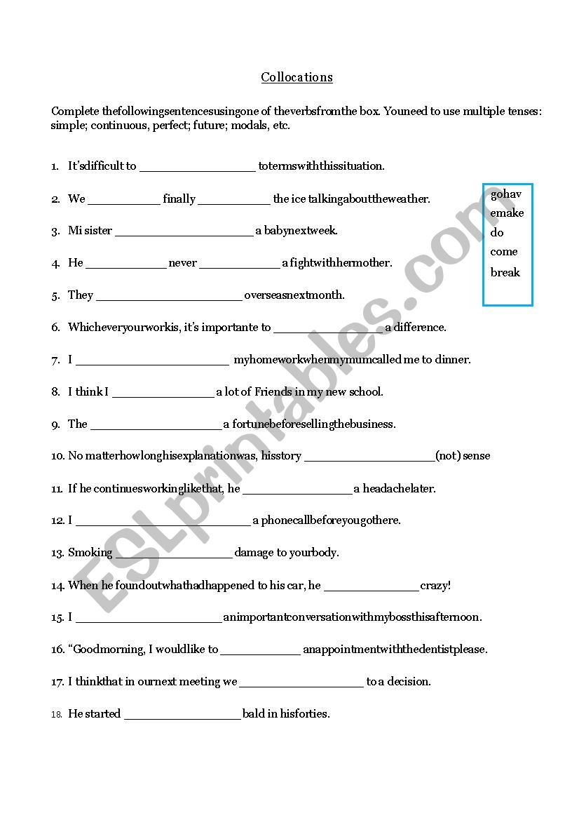 Common verbs collocations worksheet