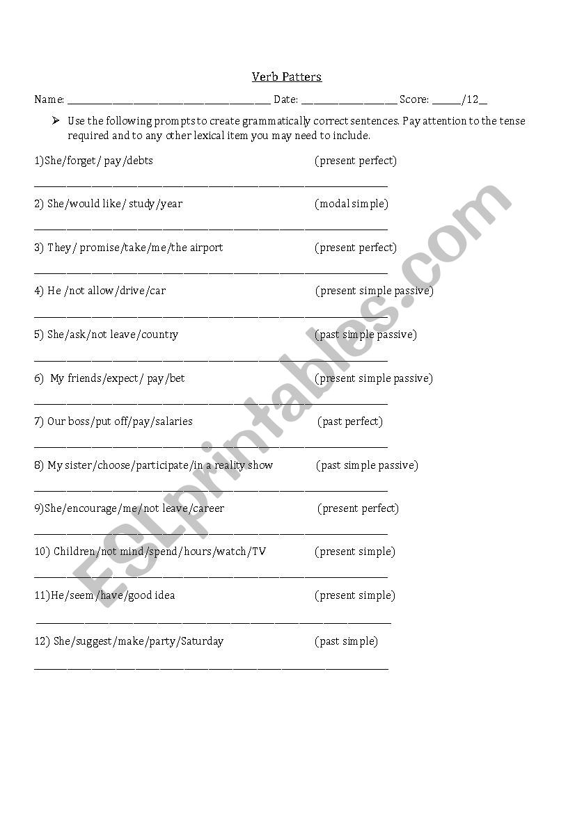 Quiz on Verb Patterns worksheet