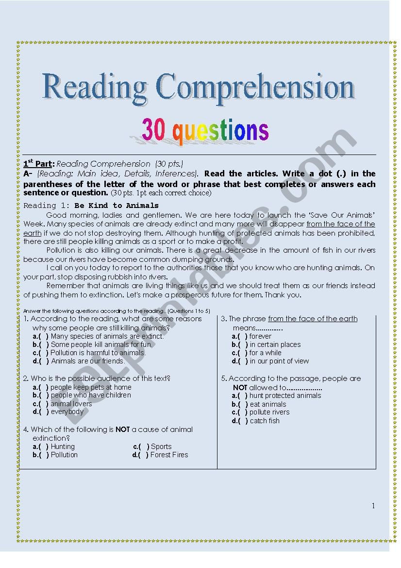 Reading Comprehension Exercises 30 questions