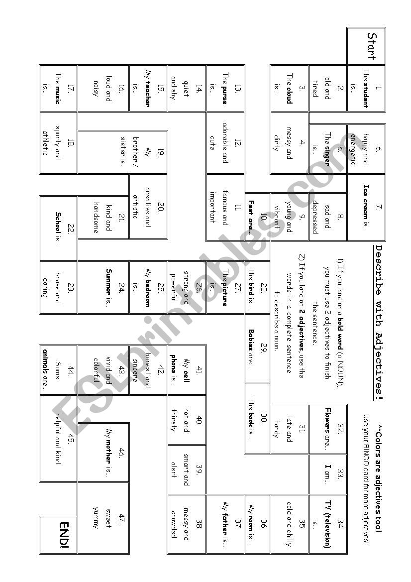 Describe with Adjectives game board