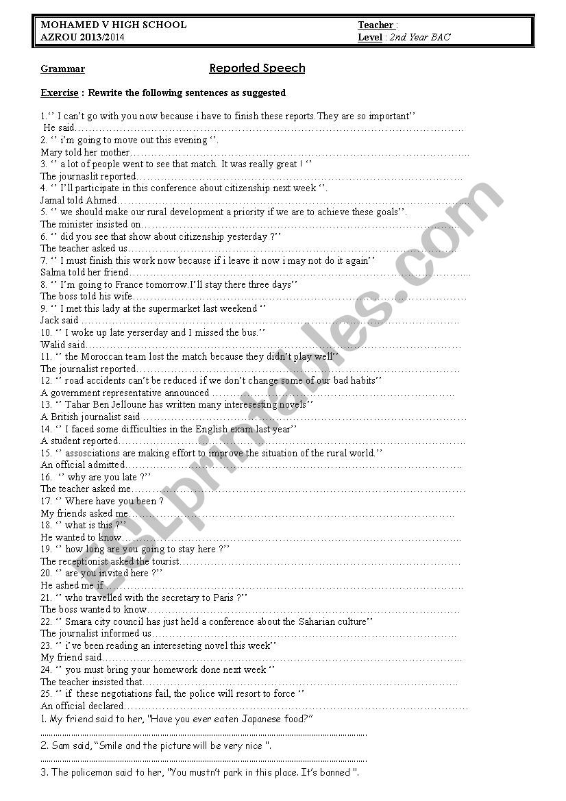 reported speech  worksheet