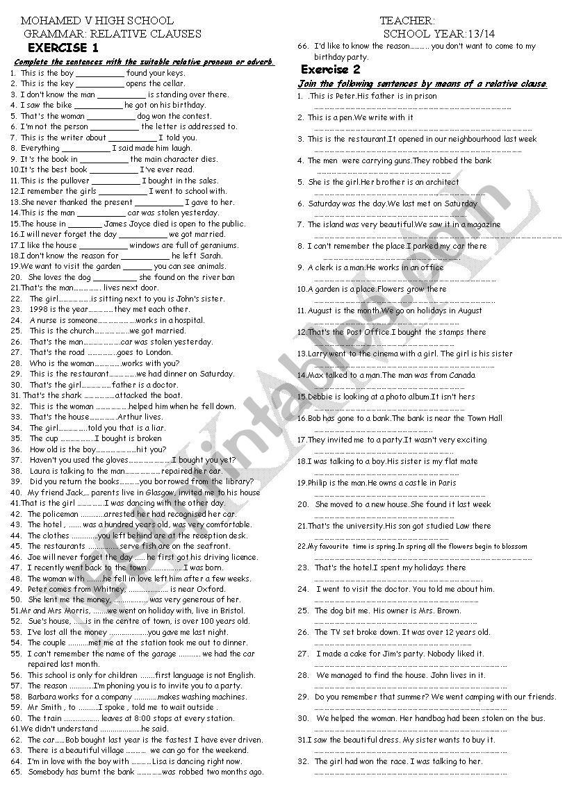 relative clauses worksheet