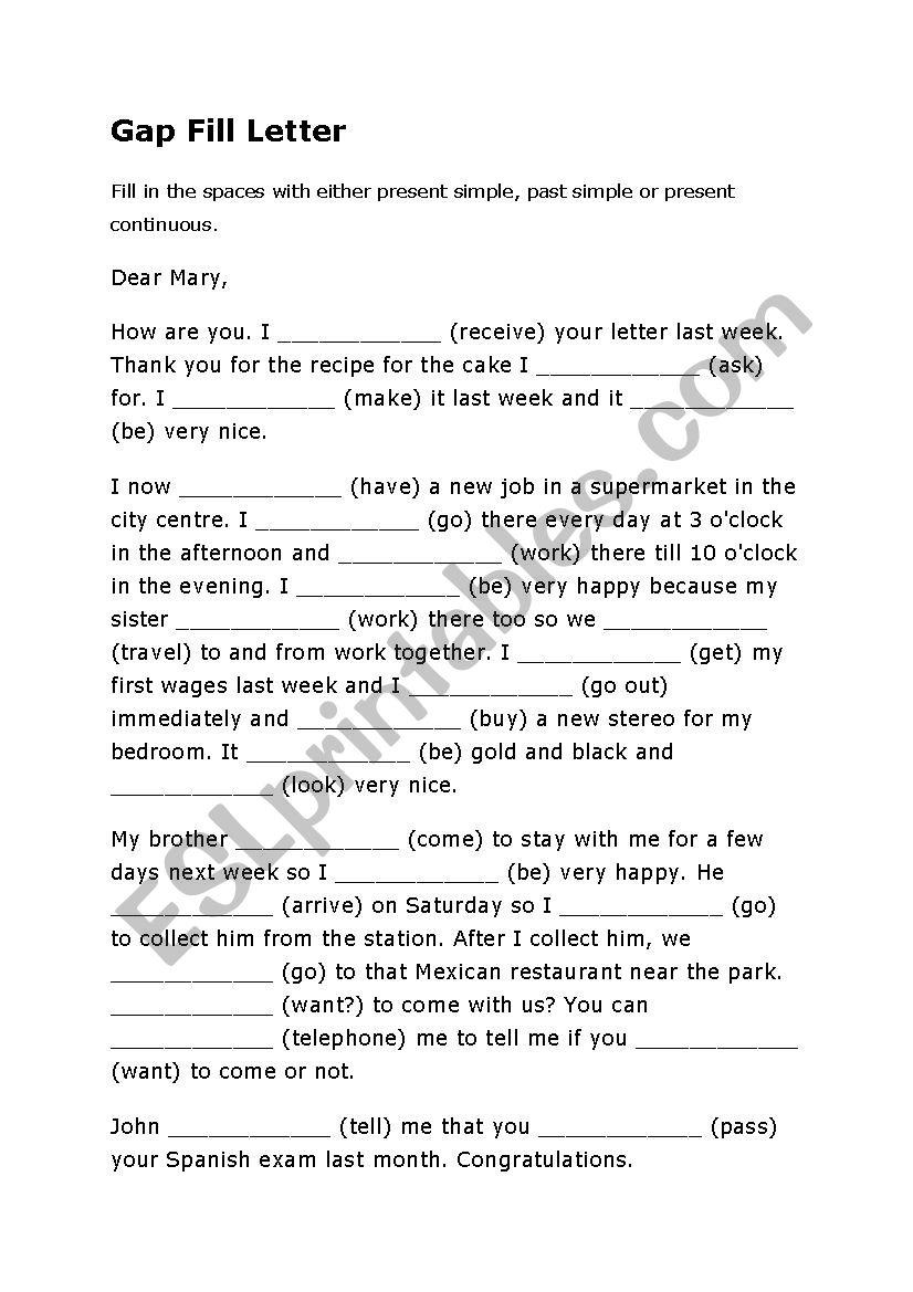Gap fill Letter- Grammar worksheet