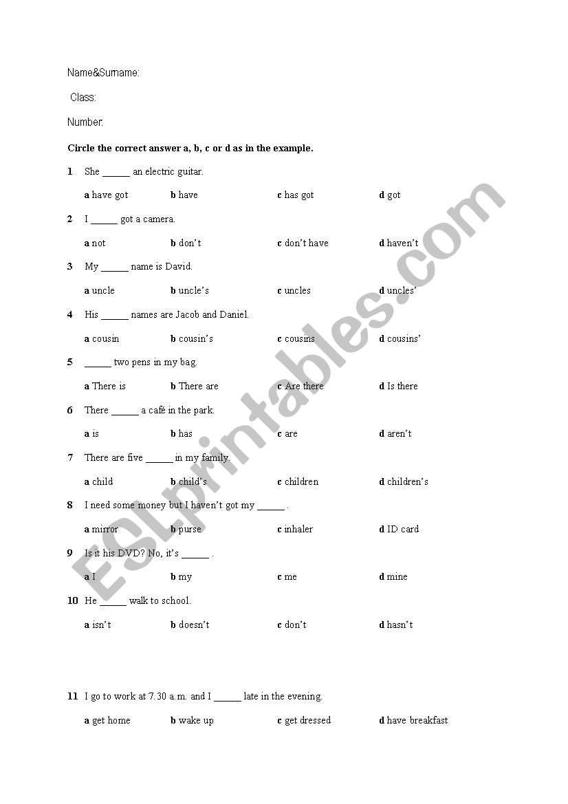 Level Test for Juniors worksheet