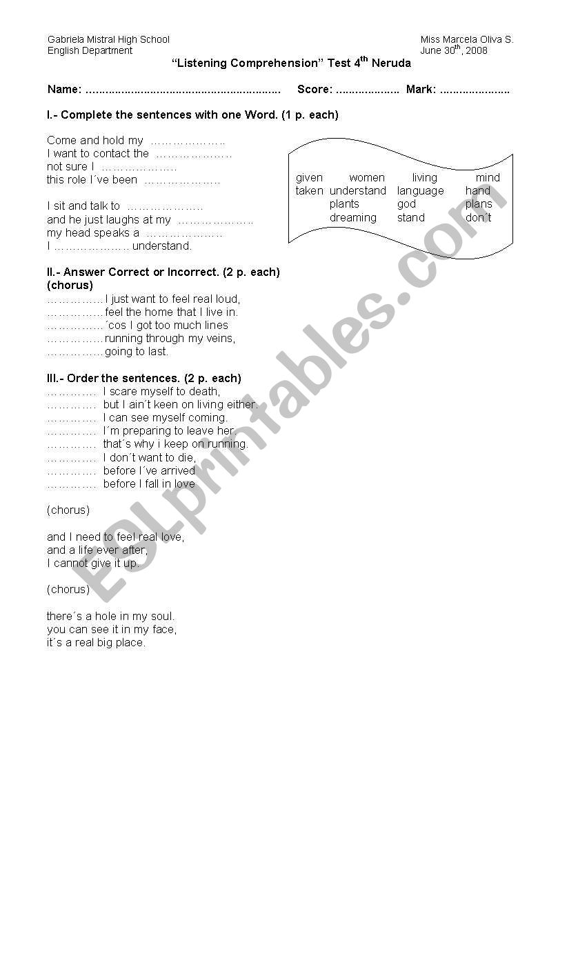 song worksheet