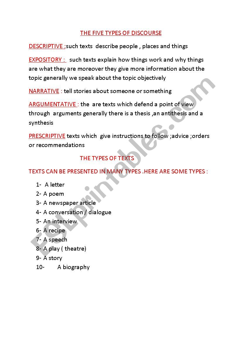 types of discourse worksheet