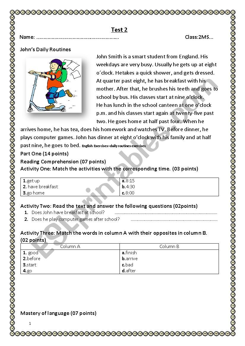 daily activities worksheet