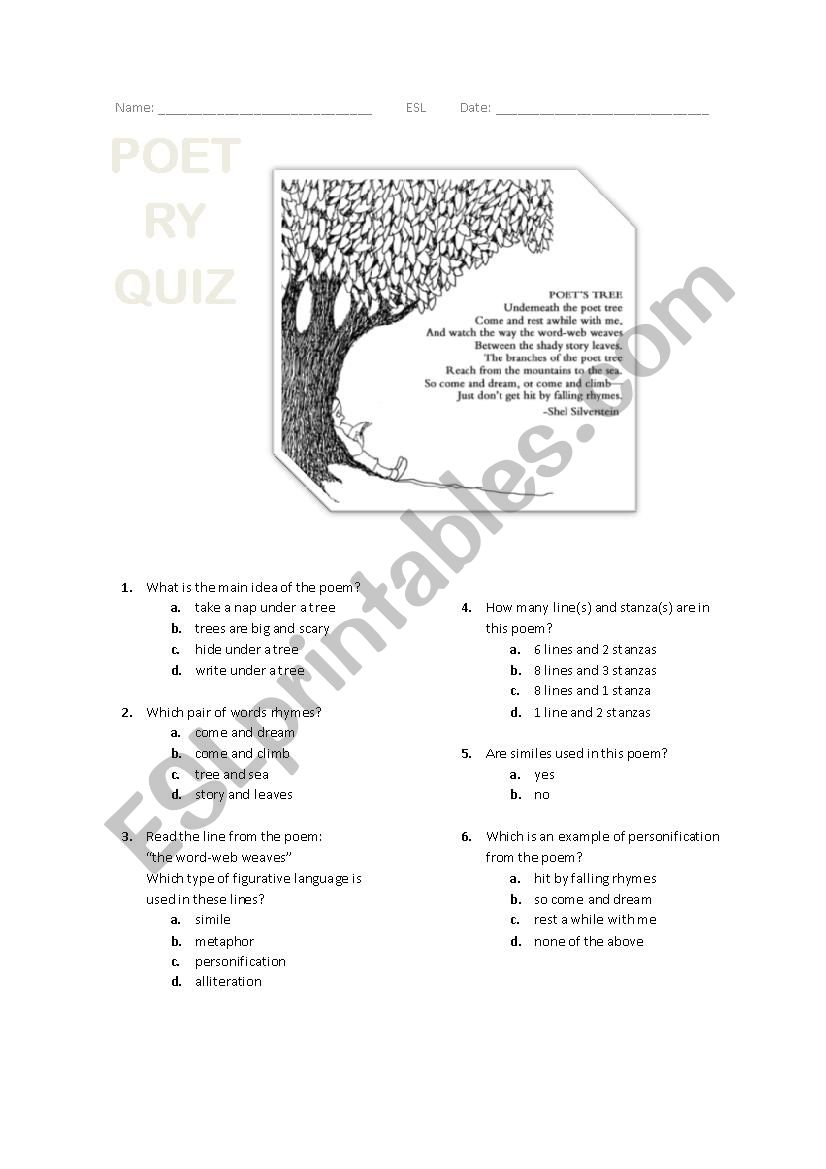 Poetry Quiz: Poets Tree worksheet