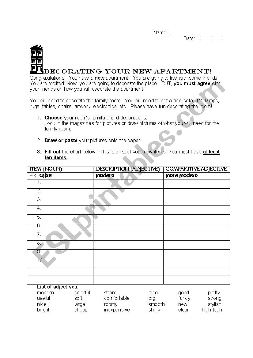 Decorating Your New Apartment worksheet