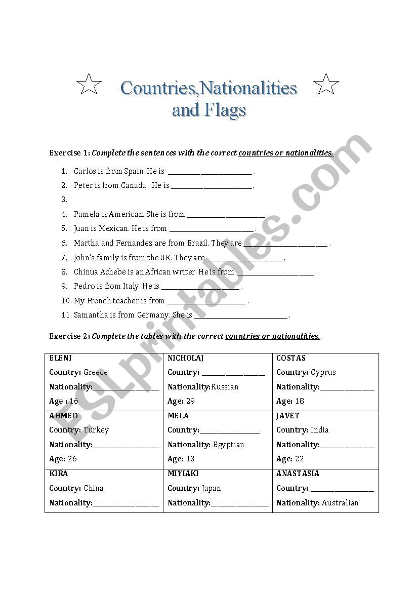 Nationalities worksheet