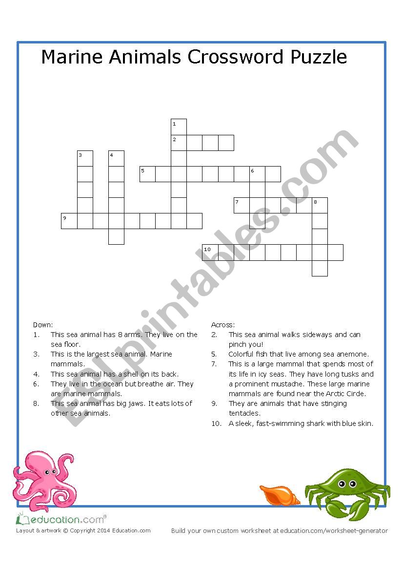 Marine Animals Crossword Esl Worksheet By Csmagica21