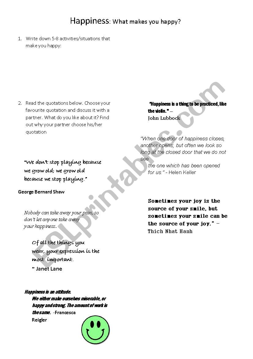 Happiness worksheet with quotations