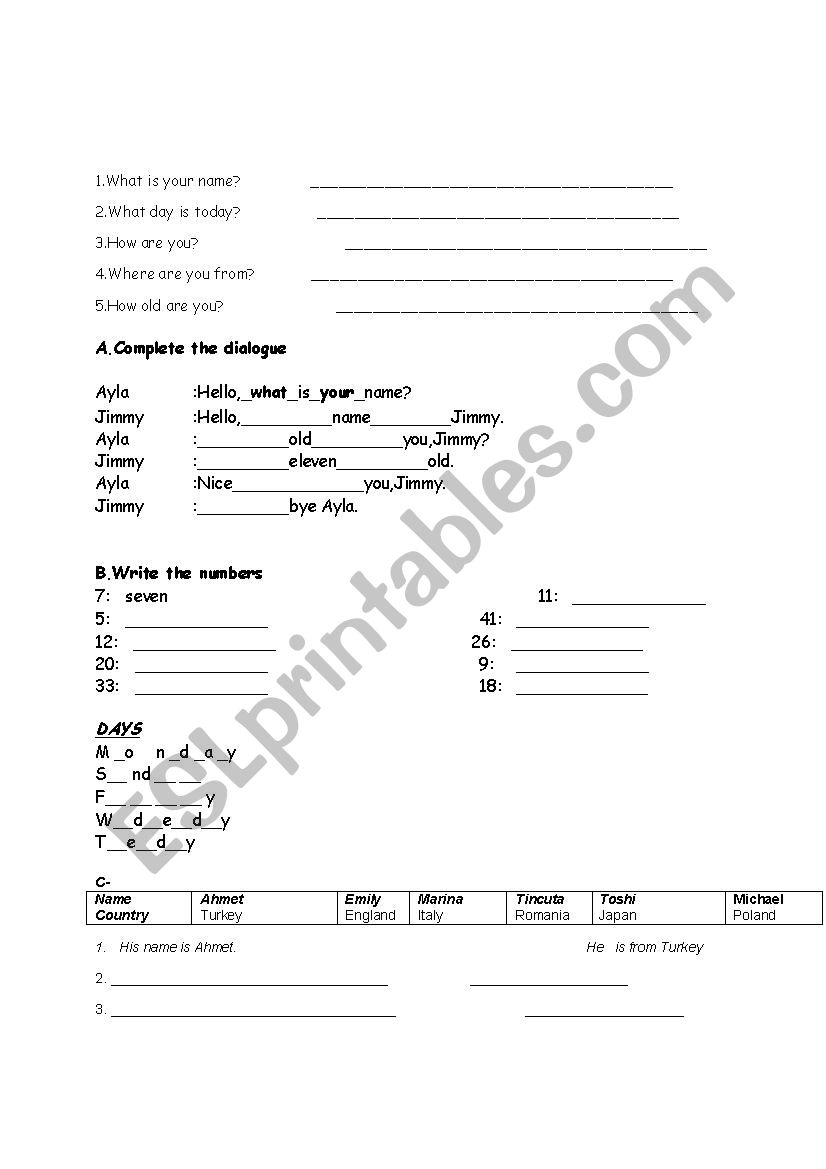 exam for 5th classes worksheet
