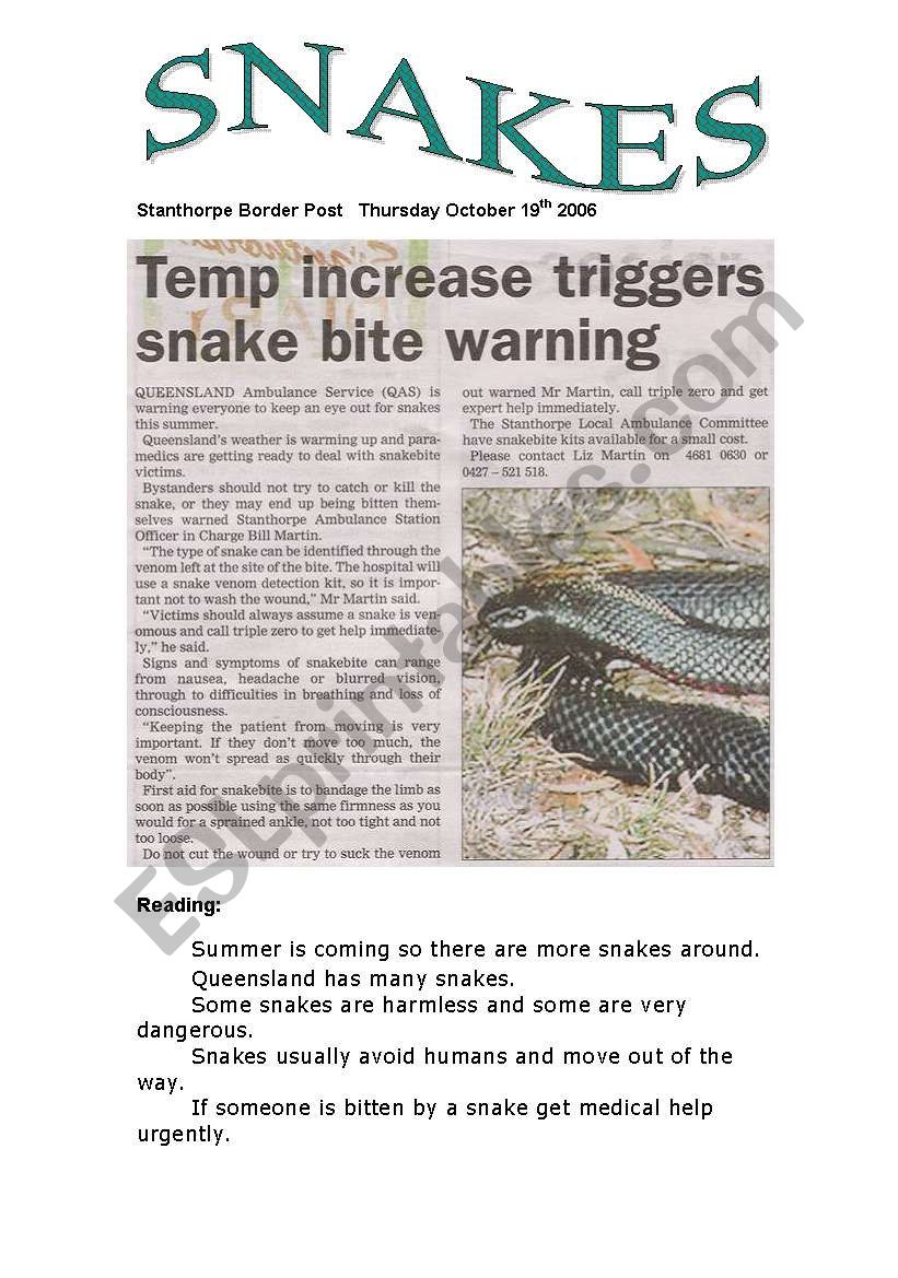 Snakes (1 of 3 ) worksheet