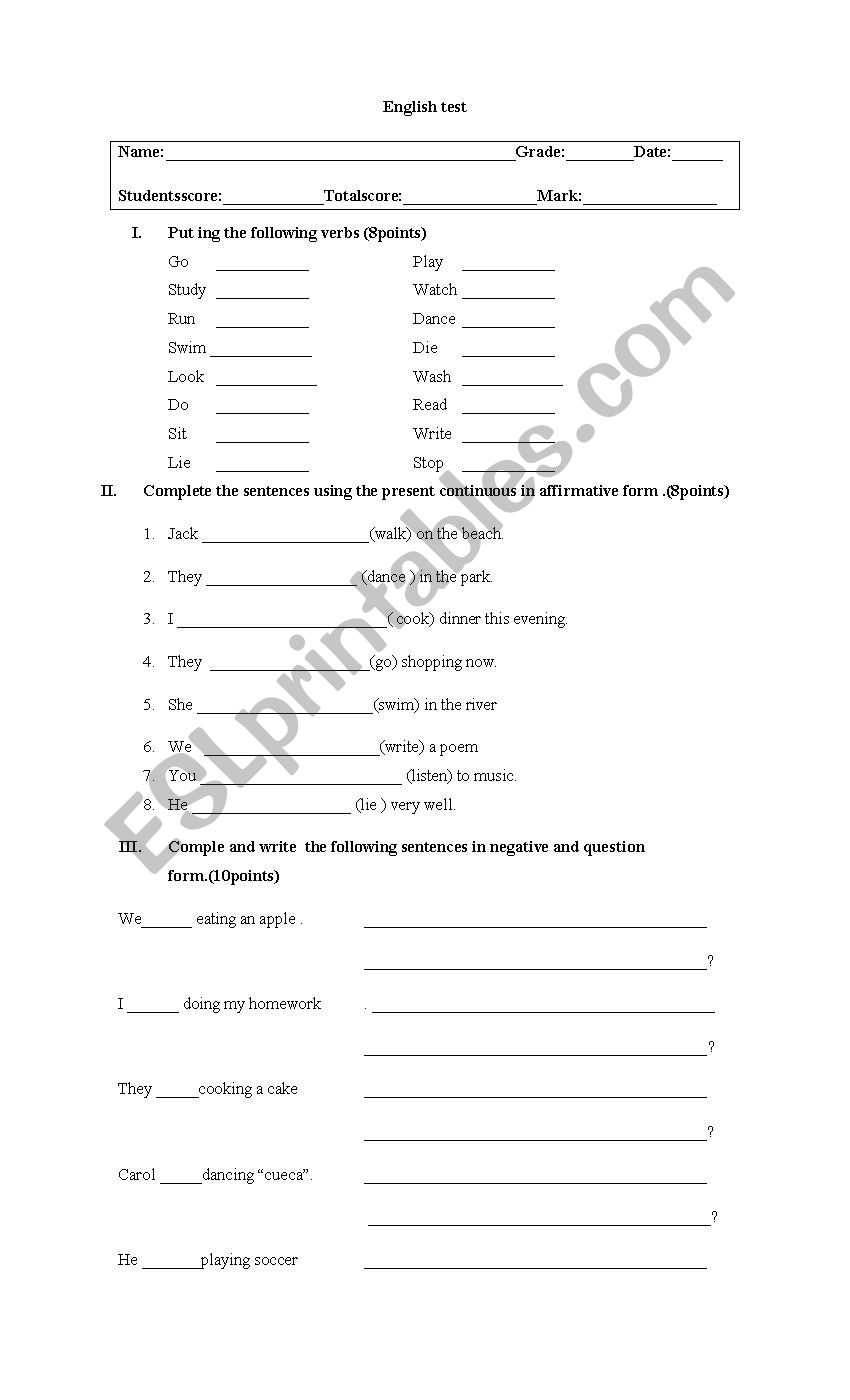 test present continuous  worksheet