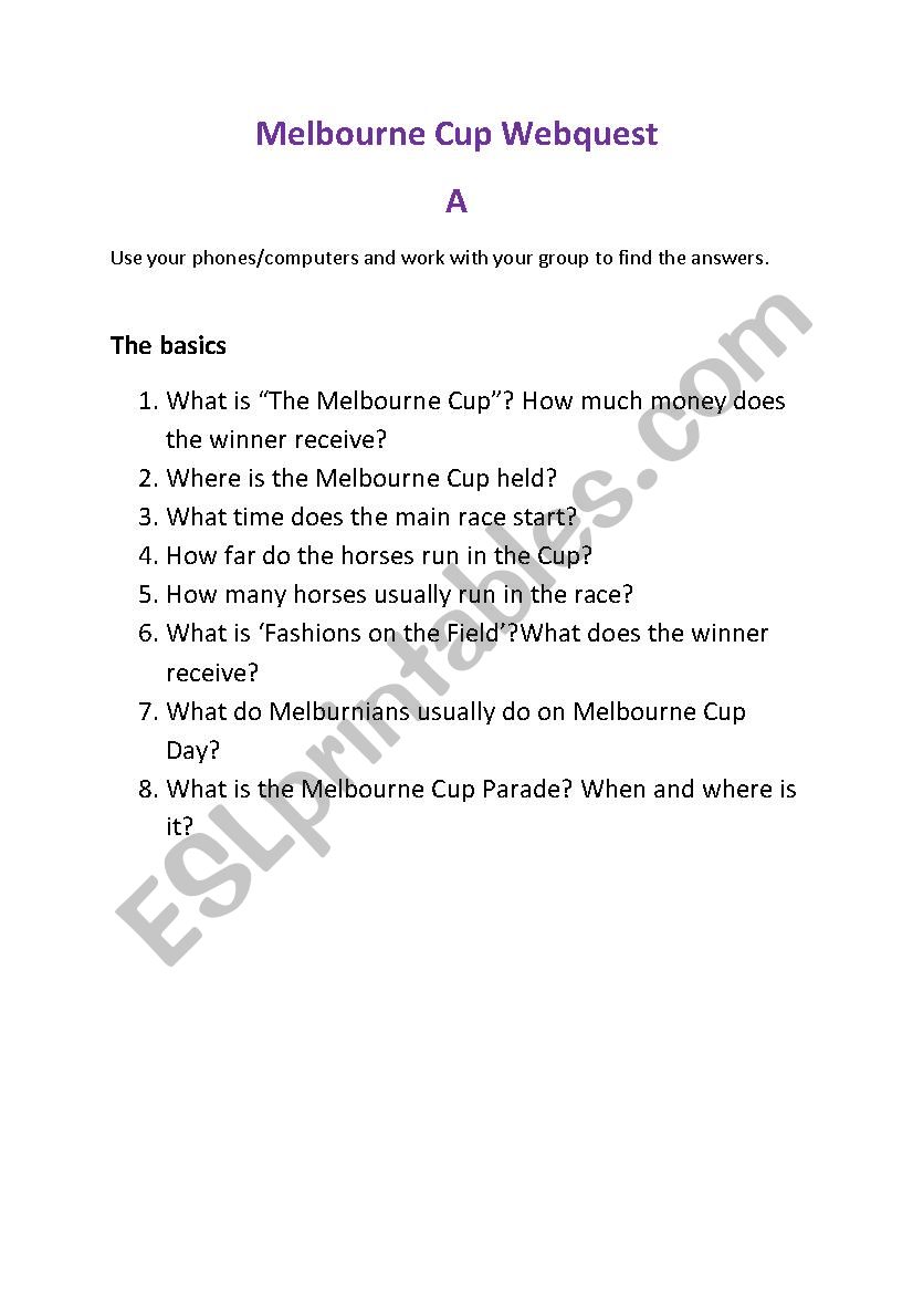 Melbourne Cup Webquest worksheet