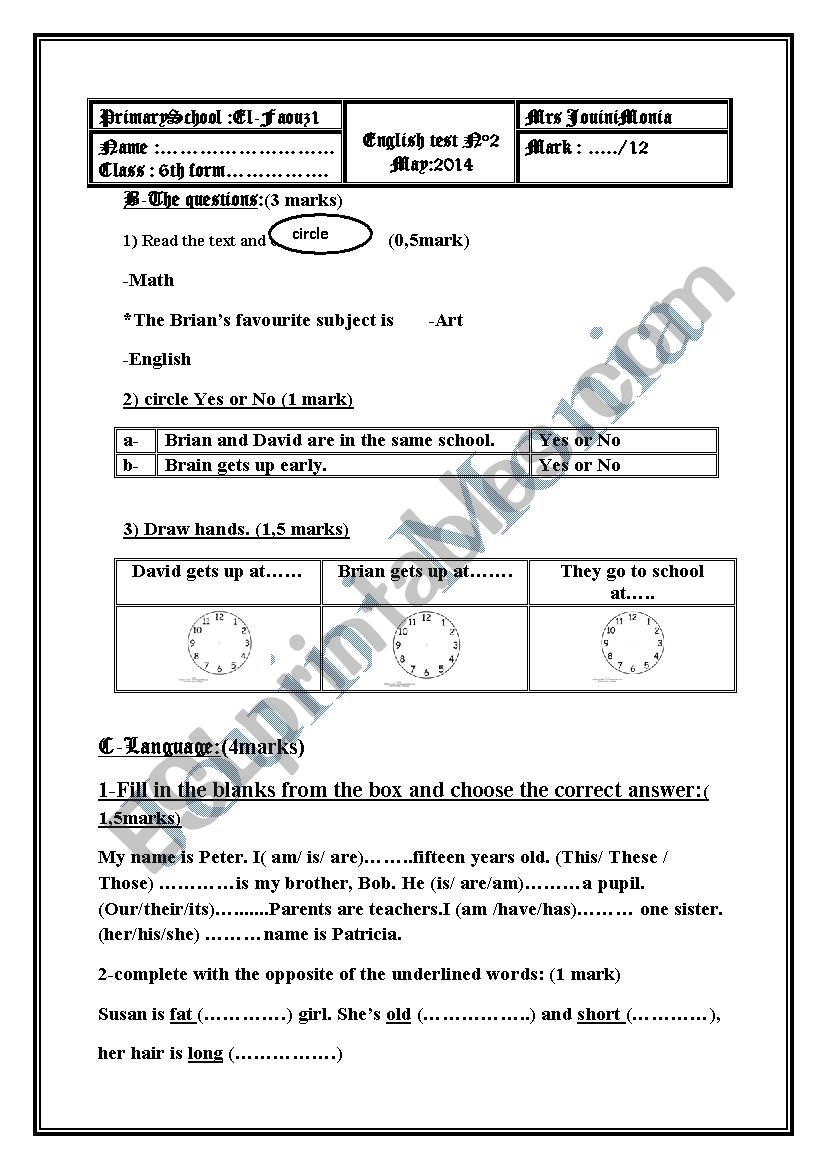 English test n3 worksheet