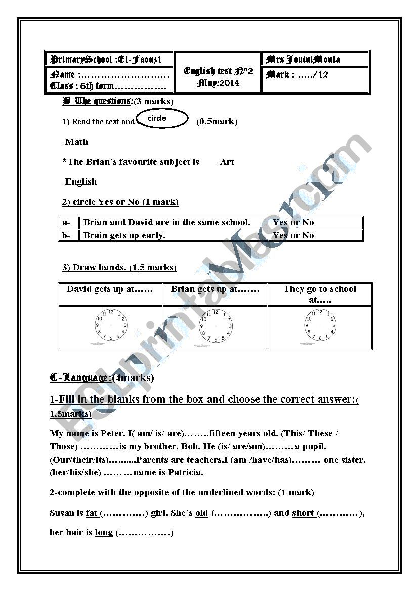English test n°3 worksheet