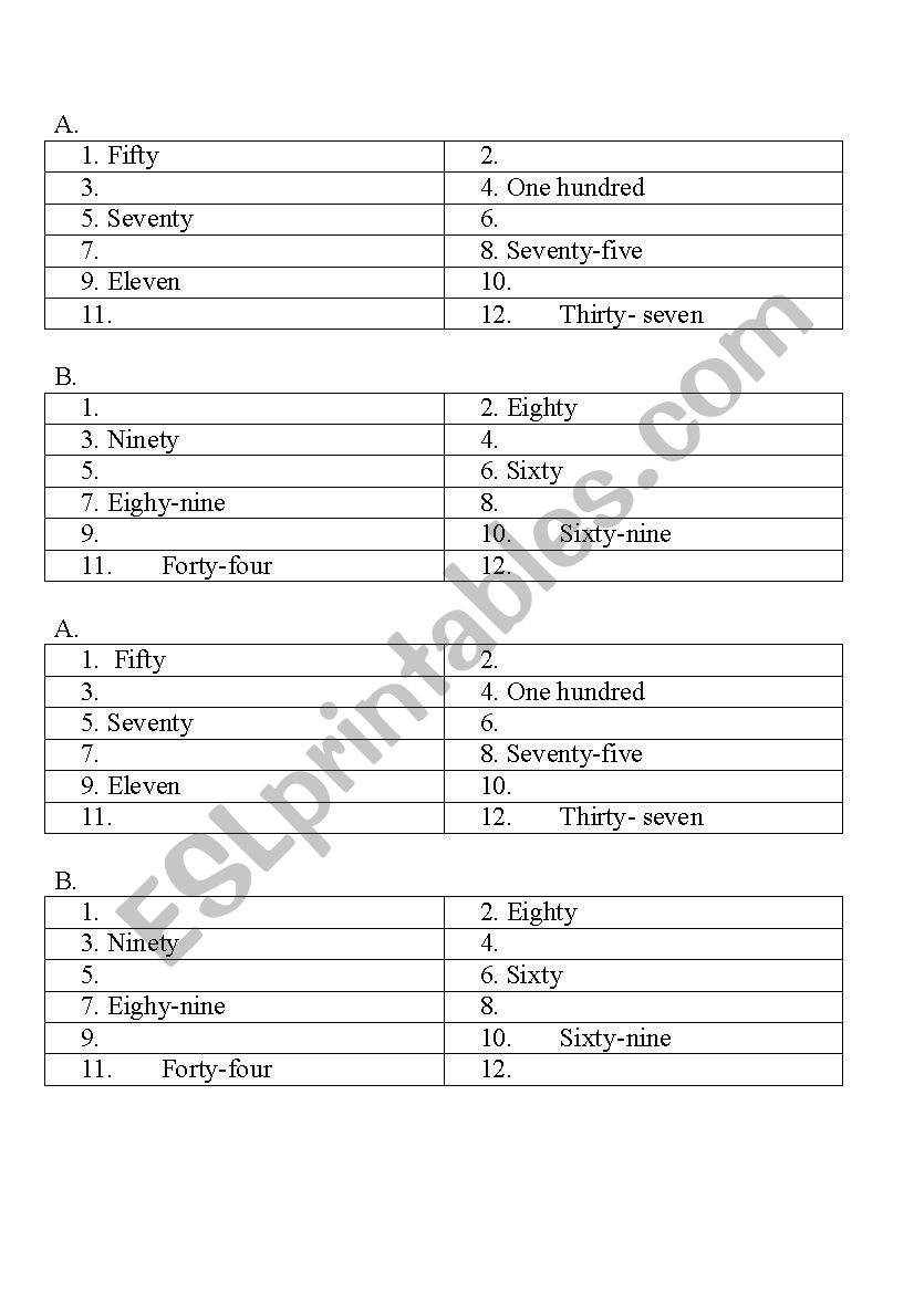 Numbers worksheet