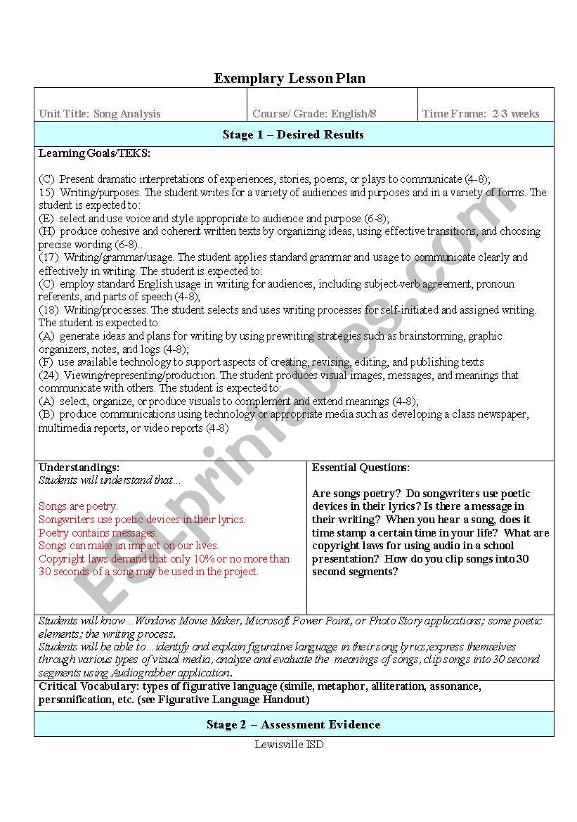 Song Analysis Lesson Plan worksheet