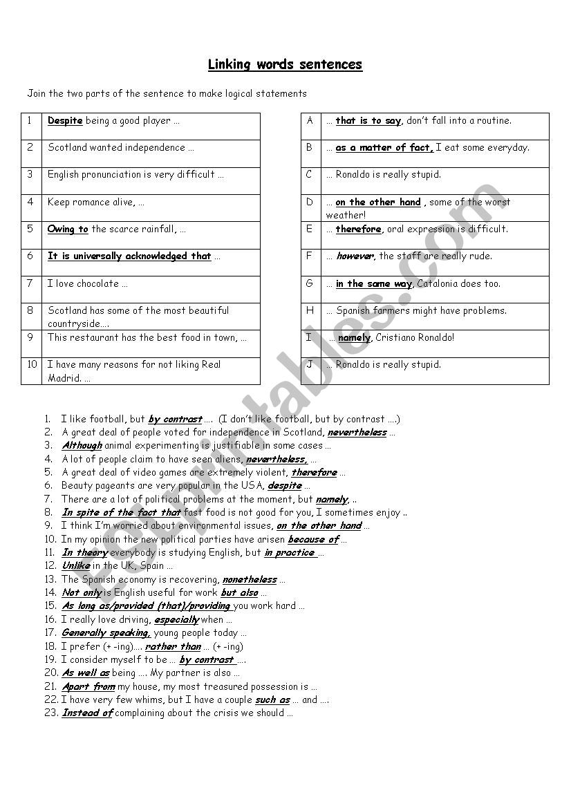 linking words oral worksheet