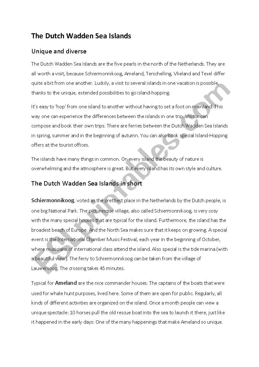 The Dutch Wadden Sea Islands worksheet