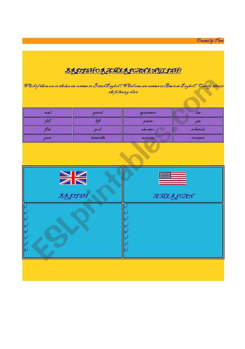 BRITISH OR AMERICAN NOUNS  worksheet